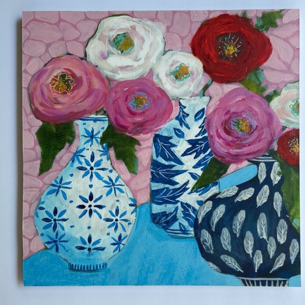 Pink and White Roses Floral Painting Hand Painted Acrylic Still Life 12 X 12
